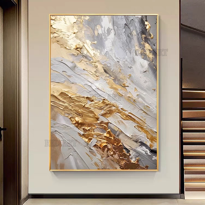 Resin Art On Canvas - حجم كبير المعاصرة مجردة صورة الذهبي